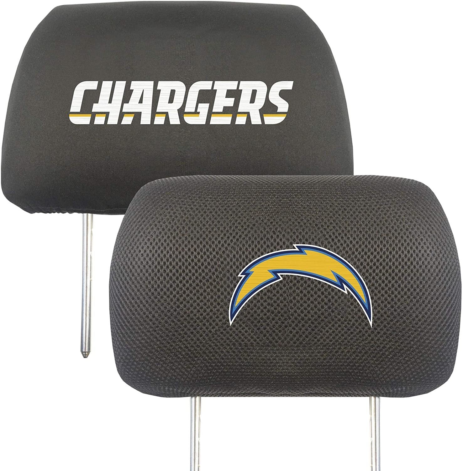 Los Angeles Chargers Pair of Premium Auto Headrest Covers, Black Elastic, Embroidered, 14x10 Inch