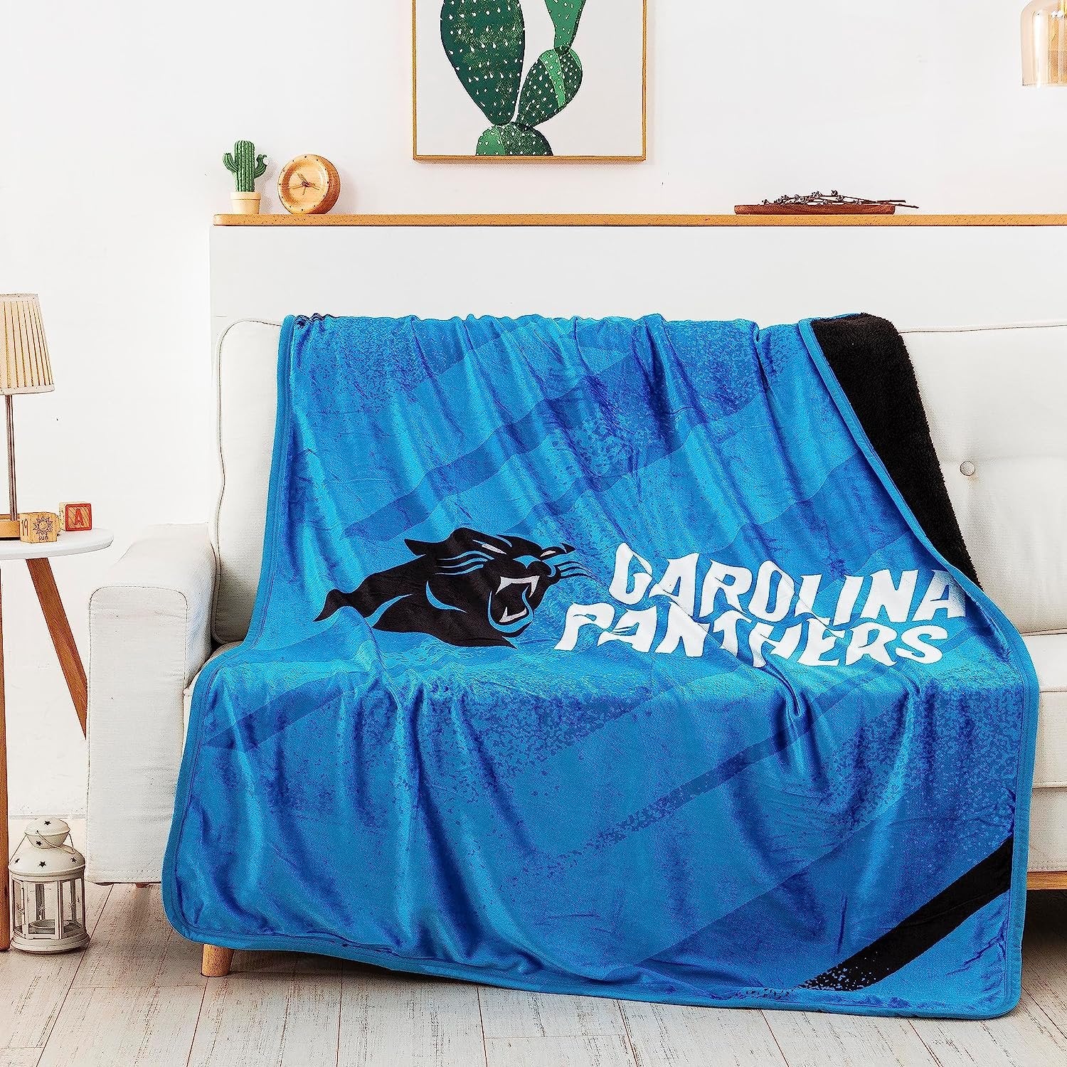 Carolina Panthers Throw Blanket, Sherpa Raschel Polyester, Silk Touch Style, Velocity Design, 50x60 Inch
