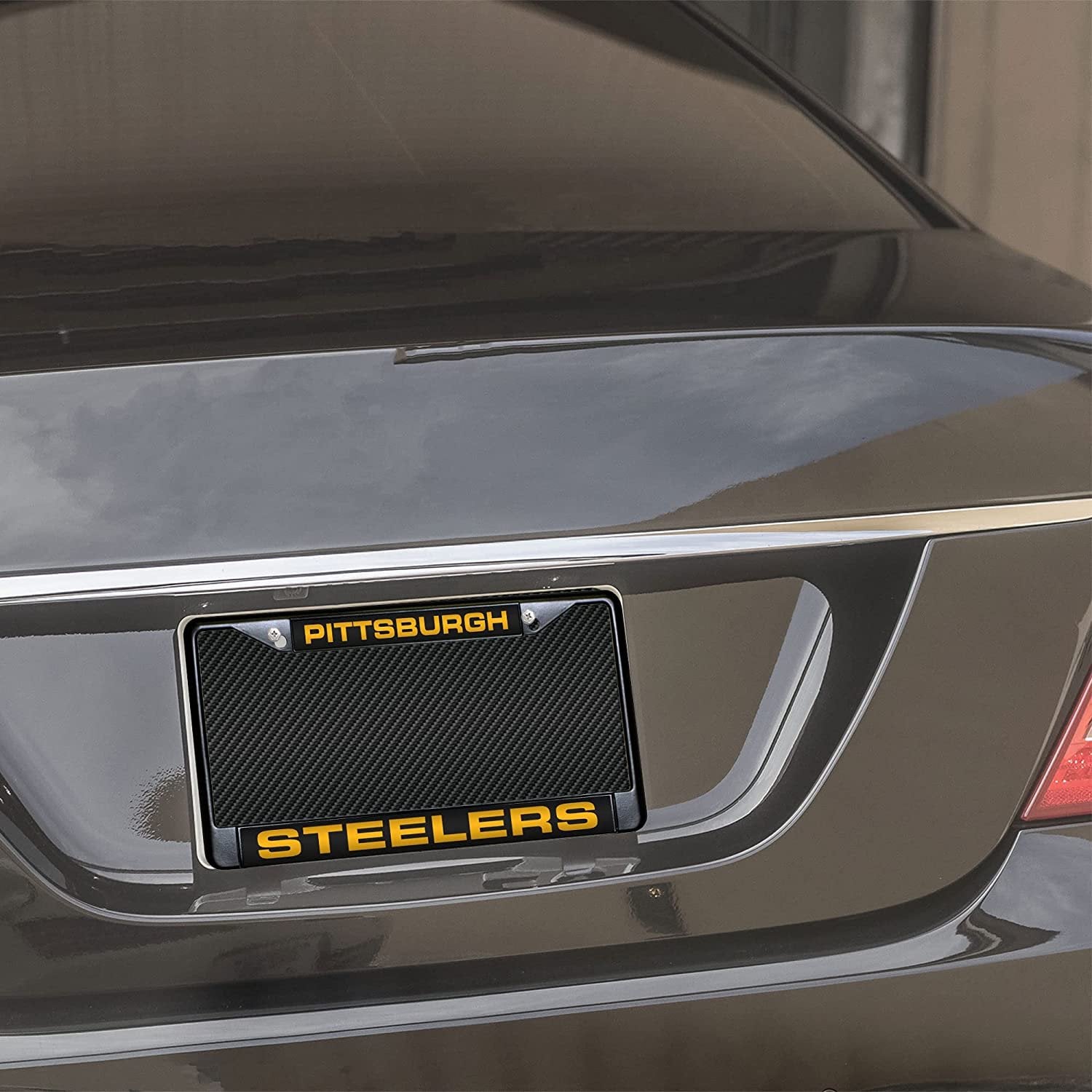 Pittsburgh Steelers Black Metal License Plate Frame Tag Cover, Laser Acrylic Mirrored Inserts, 12x6 Inch