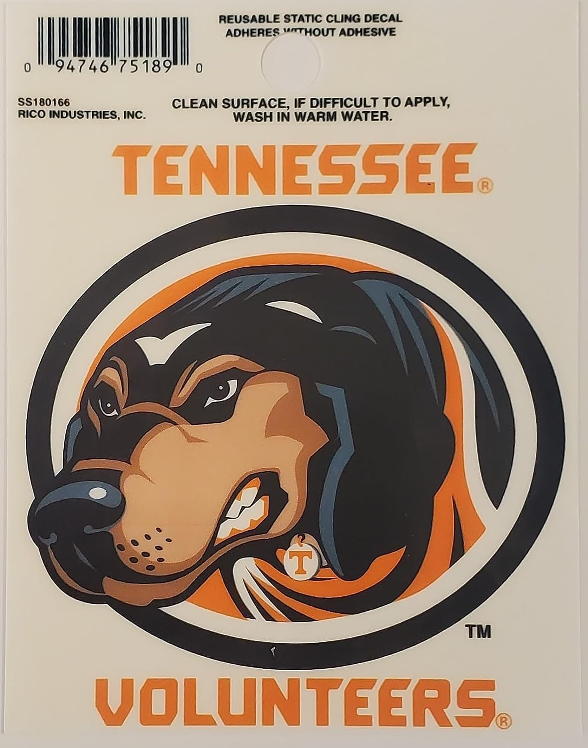 University of Tennessee Volunteers 3 Inch Static Cling Decal Sticker, Mascot Design