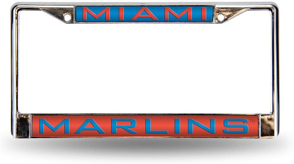 Miami Marlins Chrome Metal License Plate Frame Tag Cover, Laser Acrylic Mirrored Inserts, 12x6 Inch