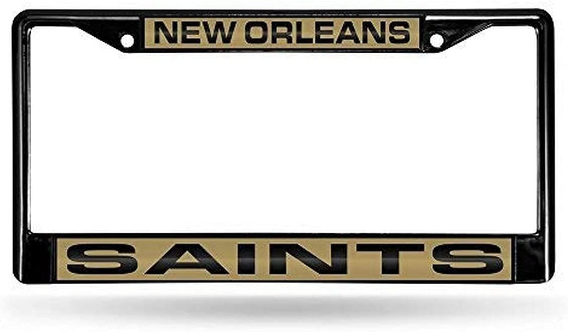 New Orleans Saints Black Metal License Plate Frame Tag Cover, Laser Acrylic Mirrored Inserts, 12x6 Inch