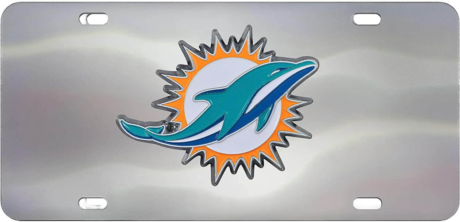 Miami Dolphins License Plate Tag, Premium Stainless Steel Diecast, Chrome, Raised Solid Metal Color Emblem, 6x12 Inch