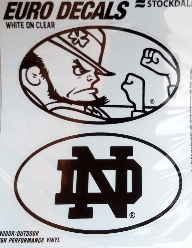 University of Notre Dame Fighting Irish 2-Piece White and Clear Euro Decal Sticker Set, 4x2.5 Inch Each