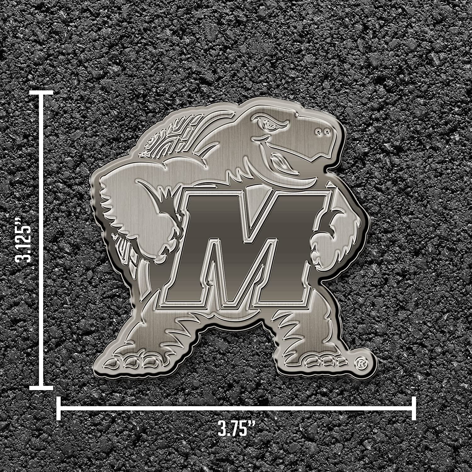 University of Maryland Terrapins Premium Solid Metal Raised Auto Emblem, Antique Nickel Finish, Shape Cut, Adhesive Backing