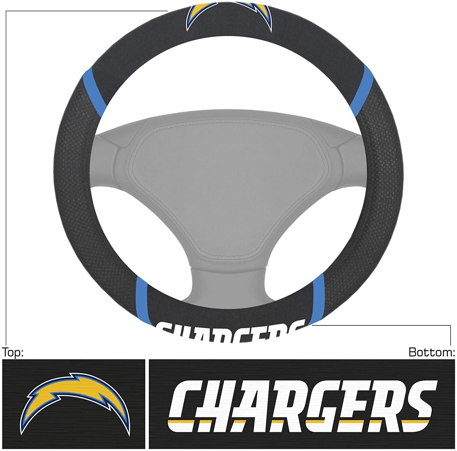 Los Angeles Chargers Steering Wheel Cover Premium Embroidered Black 15 Inch