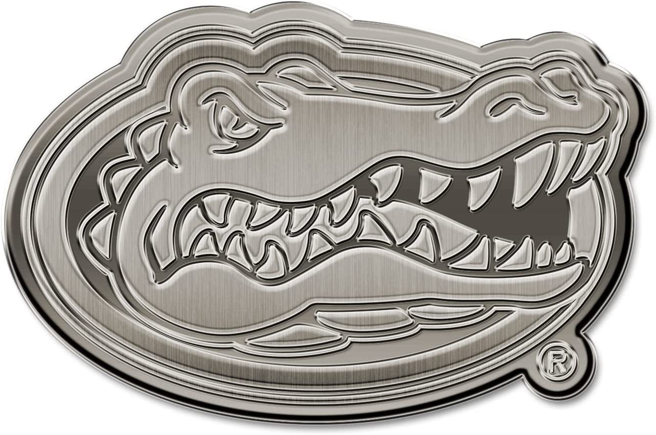 University of Florida Gators Solid Metal Auto Emblem, Silver Chrome Color, Antique Nickel Design, Raised, 3.5 Inch, Adhesive Tape Backing