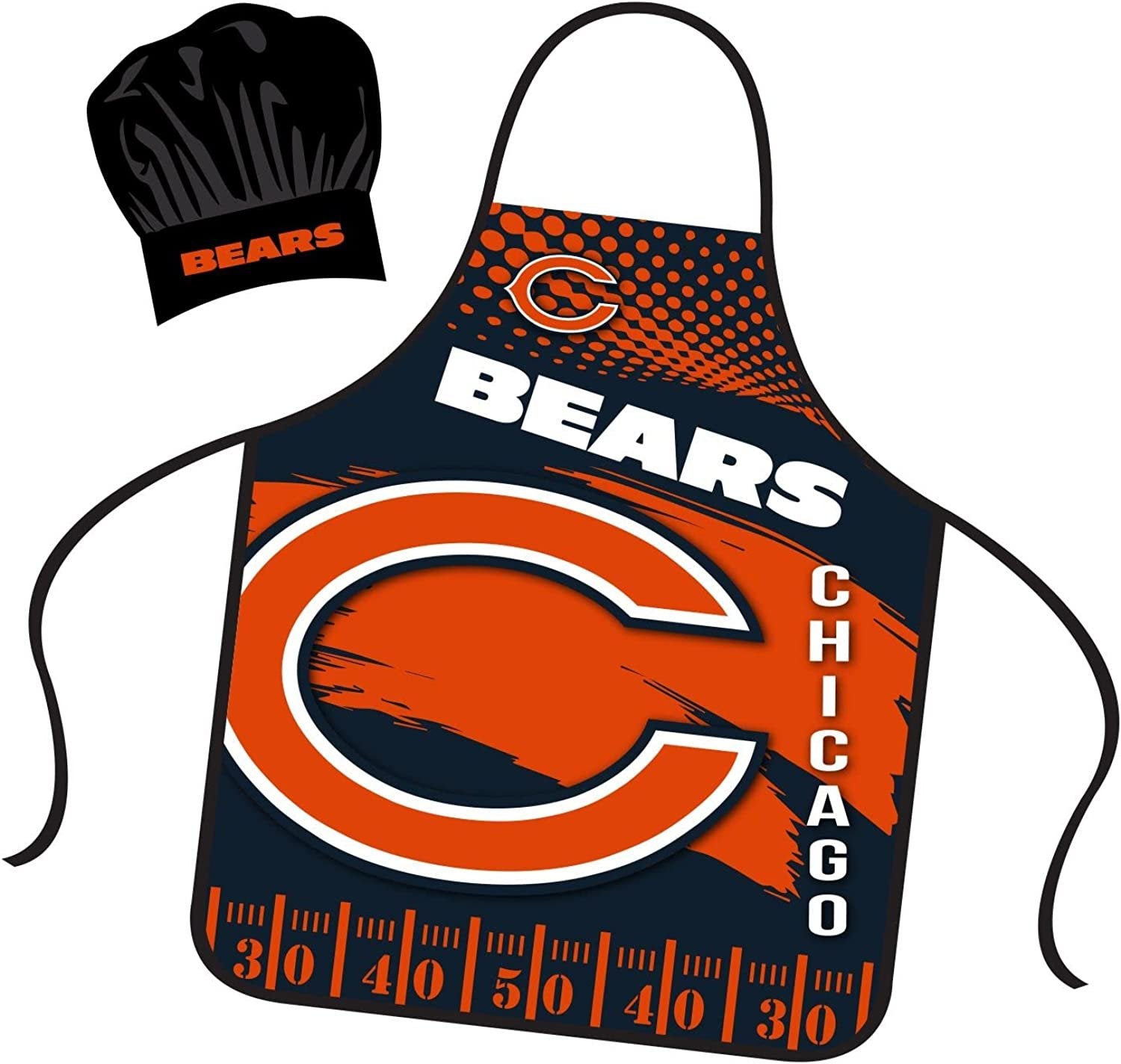 Chicago Bears Apron Chef Hat Set Full Color Universal Size Tie Back Grilling Tailgate BBQ Cooking Host