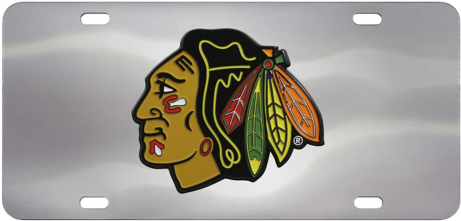 Chicago Blackhawks License Plate Tag, Premium Stainless Steel Diecast, Chrome, Raised Solid Metal Color Emblem, 6x12 Inch