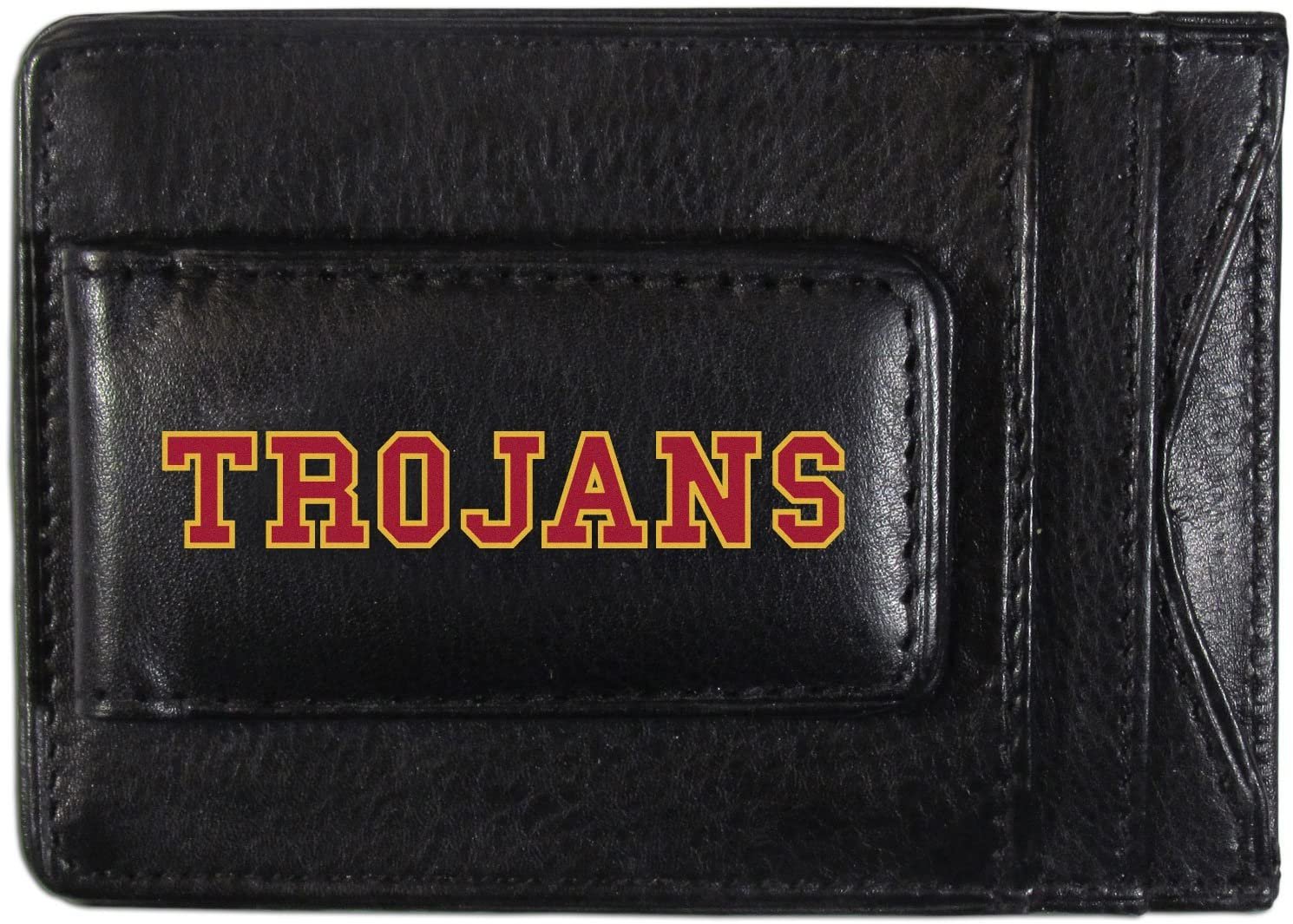 University of Southern California USC Trojans Black Leather Wallet, Front Pocket Magnetic Money Clip, Printed Logo